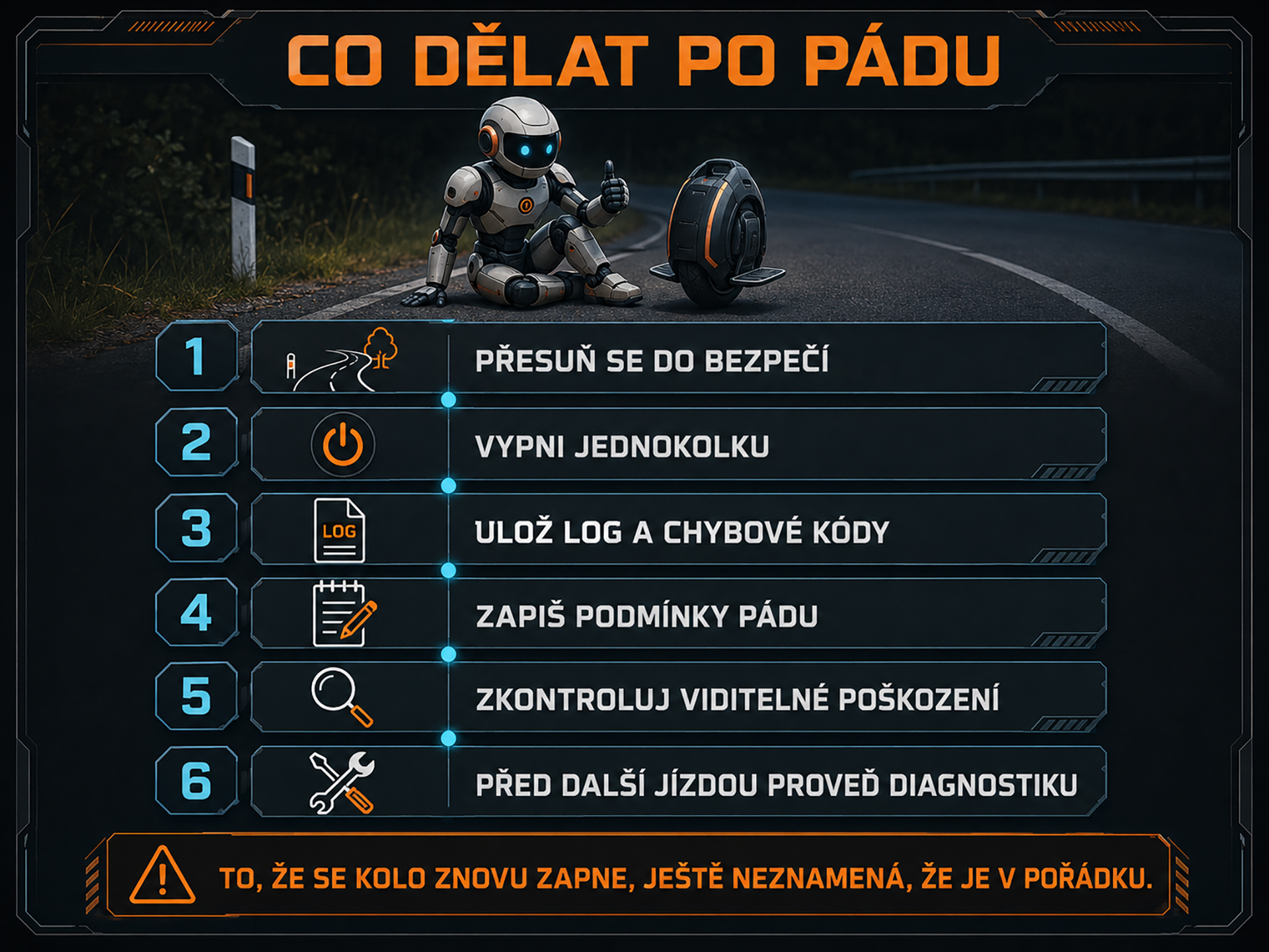 Postup kontroly elektrické jednokolky po nevysvětleném pádu